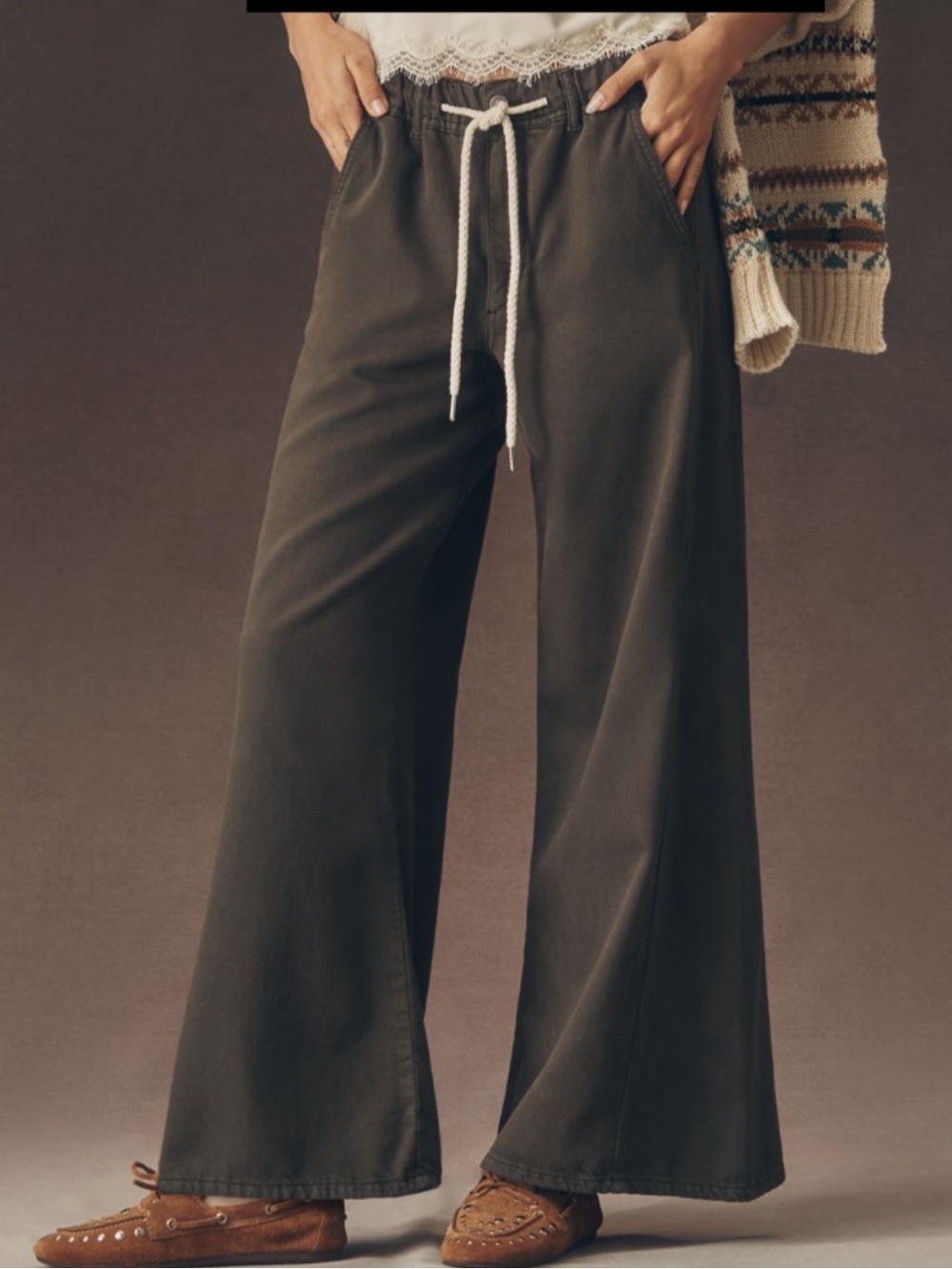 Anthropologie Olive Wide-Leg Drawstring Pants with Rope Tie